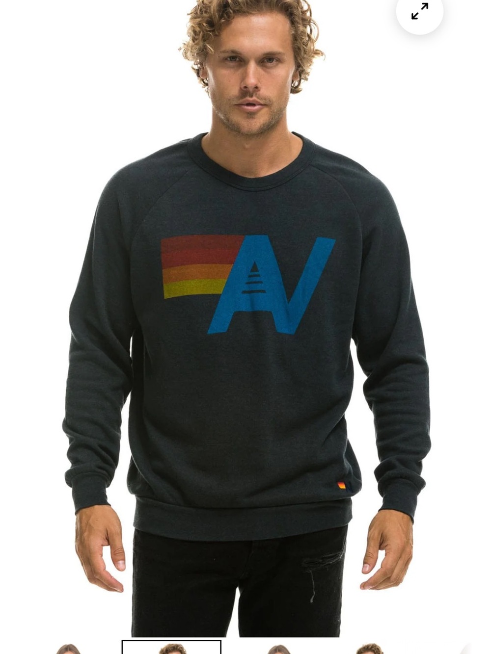 Aviator Nation Black Crewneck Sweatshirt with Blue AV Logo and Rainbow Stripes